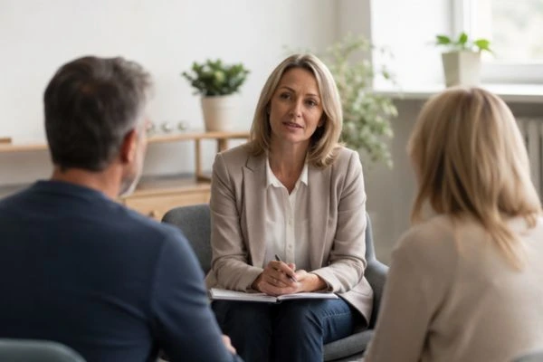Couple discussing financial arrangement , pensions in divorce Greater Manchester